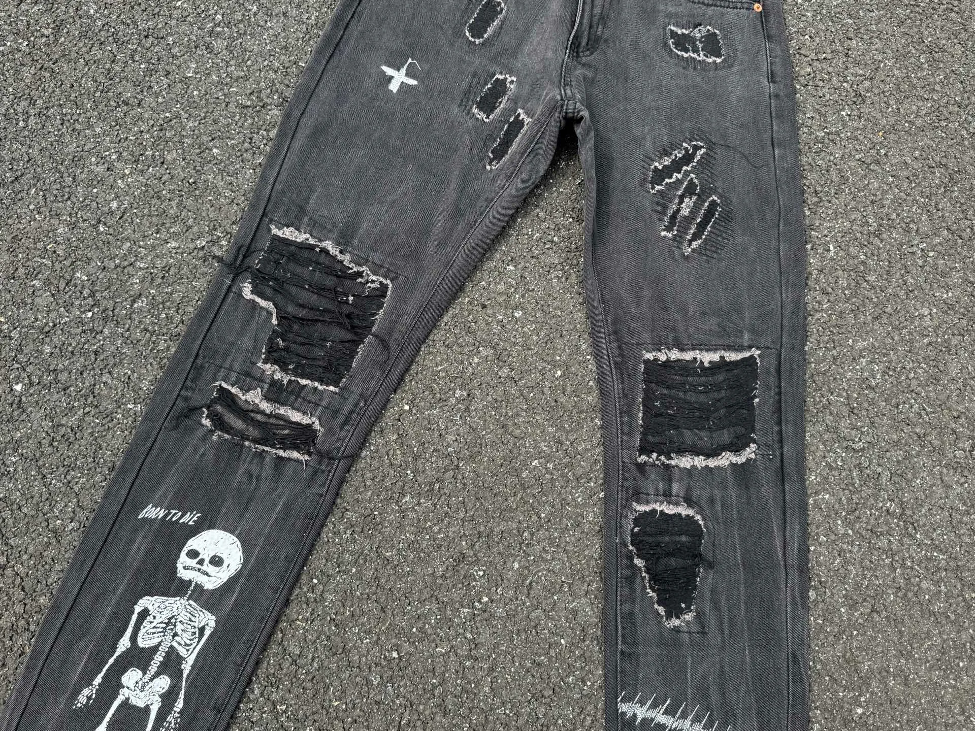 P246💰G22 GALLERY DEPT. Skull hand-stitched distressed distressed jeans -Color: Black -Size: S-XXL